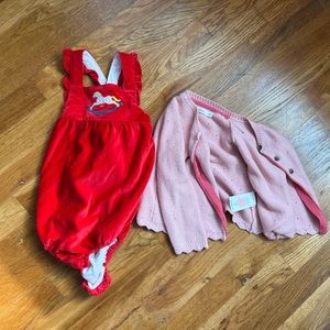 Mini Boden Red and Pink Kids darling onesie and cardigan set